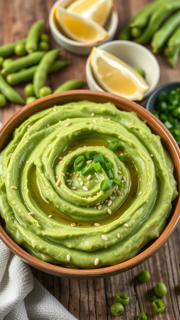A bowl of creamy mashed edamame garnished with sesame seeds and green onions on a wooden table.